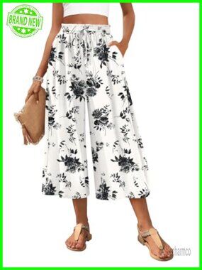 Wide Leg Gaucho Capri Pants with Pockets Casual Flowy Palazzo